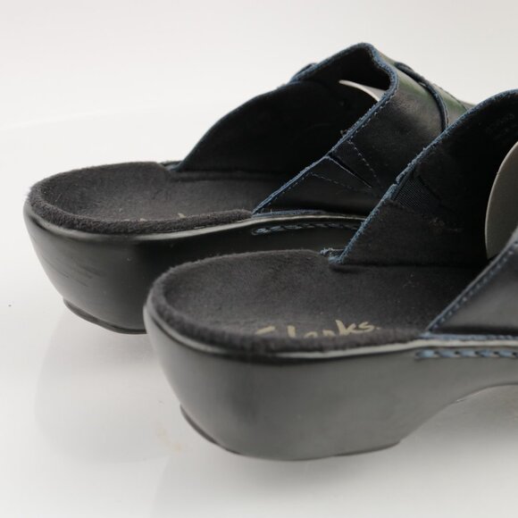 Clarks Womens Mule Size 8 Navy Leather Buckle Slip On Clogs Low Block Heel Shoes - Picture 4 of 11